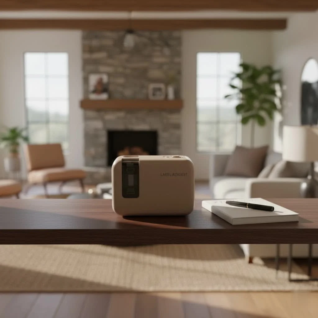 Close-up of a person using a cheap label maker to label a spice jar