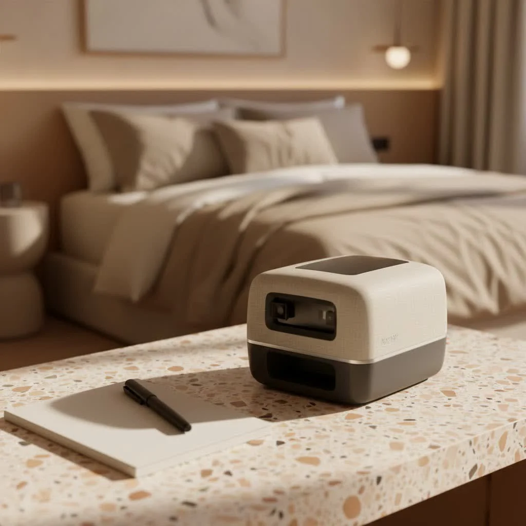 Close-up of a modern label maker printing a label